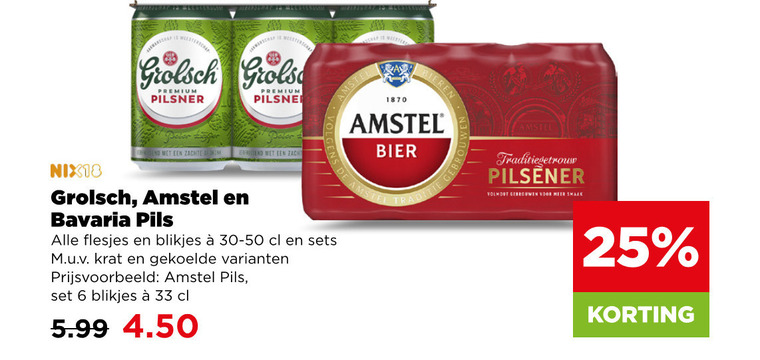 bavaria amstel grolsch blikjes bier 6 25 33 1870 premium pilsner pils bieren end zachte zacht nix18 krat 5.99 pilsener folder aanbieding bij Plus Grolsch blikje bier folder aanbieding bij Plus - details