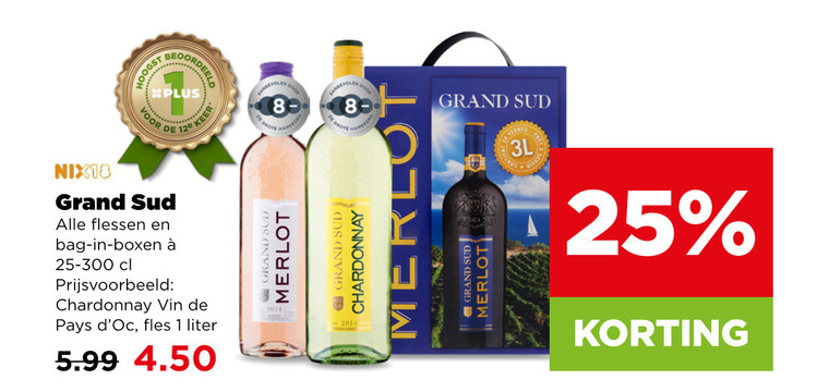 witte wijn rose rode 1 8 25 120 keer nix18 grand flessen bag boxen chardonnay vin pays fles liter 5.99 merlot and folder aanbieding bij Plus
