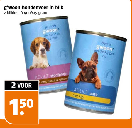 gwoon hondenvoer 2 150 blik blikken 400 hond pot adult stoofpotje lam pasta groente ondersteuning kippen kip folder aanbieding bij Poiesz Gwoon hondenvoer folder aanbieding bij Poiesz - details