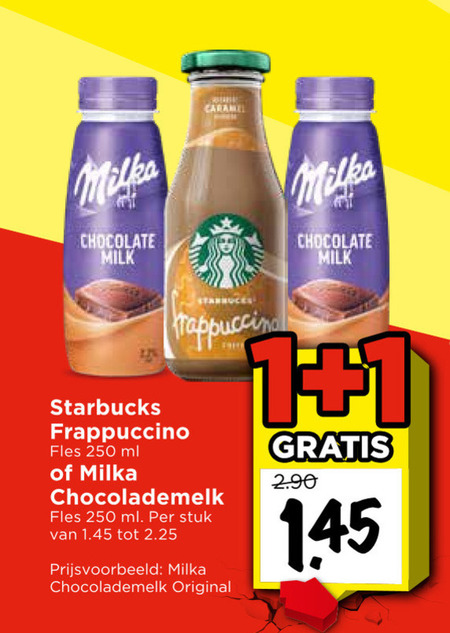 starbucks milka ijskoffie chocolademelk 1 250 chocolate milk frappuccino fles ml stuk original folder aanbieding bij Vomar Milka chocolademelk, ijskoffie folder aanbieding bij Vomar - details