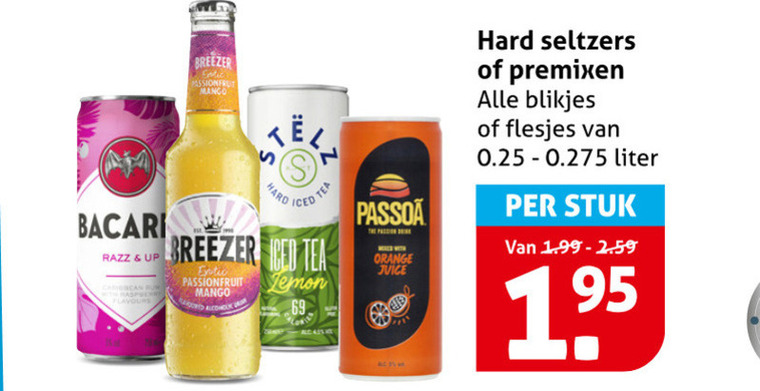 stelz hard seltzer 69 bacardi razz up breezer mango iced tea exotic passionfruit lemon passoa orange juice premixen blikjes 0.25 liter stuk folder aanbieding bij Hoogvliet Stelz hard seltzer folder aanbieding bij Hoogvliet - details