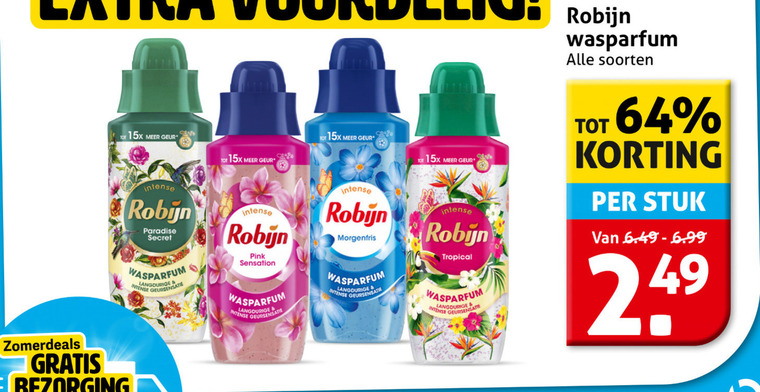 robijn wasverzachter 64 geur intense paradise secret pink sensation morgenfris tropical soorten stuk folder aanbieding bij Hoogvliet Robijn wasverzachter folder aanbieding bij Hoogvliet - details