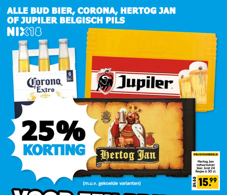 jupiler hertog jan bud krat bier blikjes 6 24 25 30 corona belgisch pils nix18 natuurzuiver folder aanbieding bij Boons Markt Bud krat bier, blikje bier folder aanbieding bij Boons Markt - details