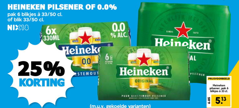 heineken 0.0 blikjes bier 6 25 33 pilsener pak 50 blik nix18 6x 330ml original puur gerstemout folder aanbieding bij Boons Markt Heineken 0.0 blikje bier folder aanbieding bij Boons Markt - details