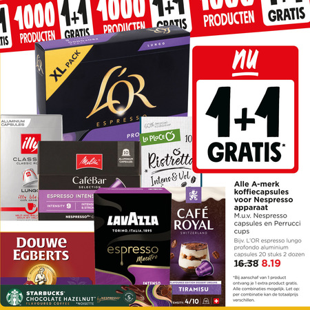 illy douwe egberts l or la place lavazza cafe royal starbucks koffiecups 1 2 4 5 9 10 20 60 100 1000 1.1 aluminium capsules pro xl pack lungo espresso class classic rc melitta selection mild and doux velo ground intensity meester bestron nespresso recycled torino italia maestro chocolate hazelnut by flavoured coffee noisette intenso mcafee switzerland edition dessert dreams tiramisu merk koffiecapsules apparaat cups profondo stuks dozen aanschaf combinaties let combinatie folder aanbieding bij Jumbo Douwe Egberts L Or koffiecups folder aanbieding bij Jumbo - details
