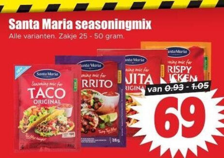 santa maria maaltijdmix 25 50 69 seasoningmix zakje seasoning mix for taco original tight anta 28gram thing folder aanbieding bij Dirk Santa Maria maaltijdmix folder aanbieding bij Dirk - details