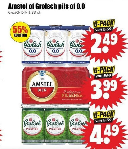 grolsch amstel blikjes bier alcoholvrij 6 33 55 1870 pils 0.0 pack blik fris smile pilsener 3.99 meesterschap pilsner premium zachte folder aanbieding bij Dirk Grolsch alcoholvrij bier, blikje bier folder aanbieding bij Dirk - details