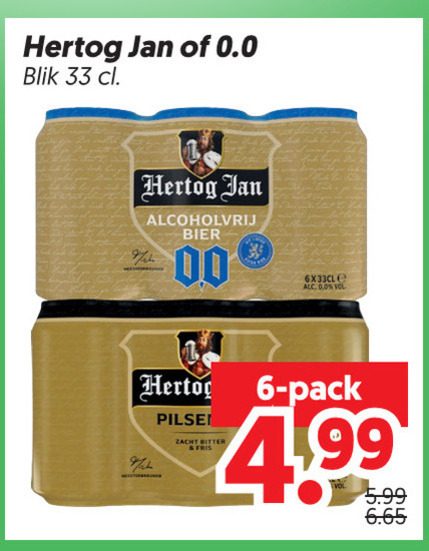 hertog jan alcoholvrij bier blikjes 6 33 0.0 blik 00 pilsener zacht bitter pack 4 99 5.99 folder aanbieding bij Dekamarkt Hertog Jan blikje bier, alcoholvrij bier folder aanbieding bij Dekamarkt - details