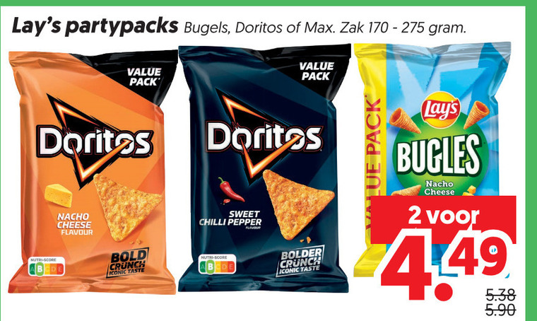 lays doritos zoutjes chips 2 partypacks bugels zak pack nutri nacho cheese flavour bold crunch iconic taste sweet chilli pepper bugles 4 folder aanbieding bij Dekamarkt Lays zoutje, chips folder aanbieding bij Dekamarkt - details