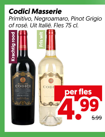 rode wijn witte rood codici primitivo negroamaro pinot grigio rosee fles fris wit 5.99 folder aanbieding bij Dekamarkt