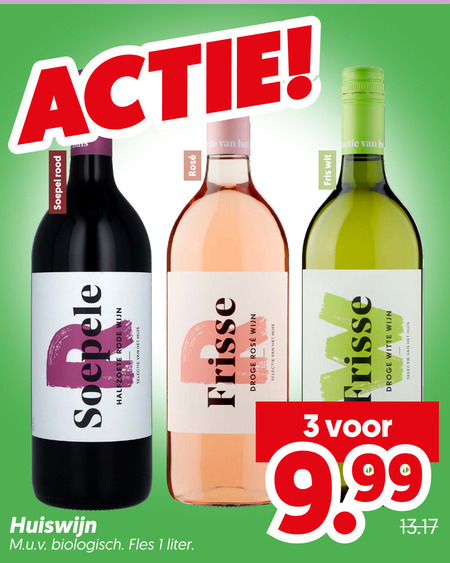 witte wijn rode rose 1 3 soepel rood soepele halfzoete frisse droge rosee huis huiswijn biologisch fles liter 9 99 folder aanbieding bij Dekamarkt