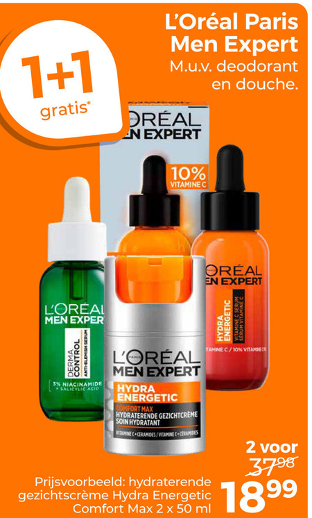l oreal heren gezichtsverzorging 1 2 3 10 50 paris men expert deodorant vitamine douche derma control anti blemish serum acid hydra energetic comfort hydraterende hydratant ceramides ml folder aanbieding bij Trekpleister L Oreal heren gezichtsverzorging folder aanbieding bij Trekpleister - details