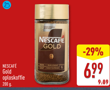 nescafe oploskoffie 100 200 nieuwe gold rijk zacht verantwoord zorgvuldig gebrande geteelde koffie arabica koffiebonen folder aanbieding bij Aldi Nescafe oploskoffie folder aanbieding bij Aldi - details