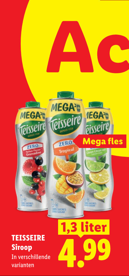 teisseire limonadesiroop mega depuis zero grenadine tropical fles siroop sans sucres sugar 1 3 liter folder aanbieding bij Lidl Teisseire limonadesiroop folder aanbieding bij Lidl - details