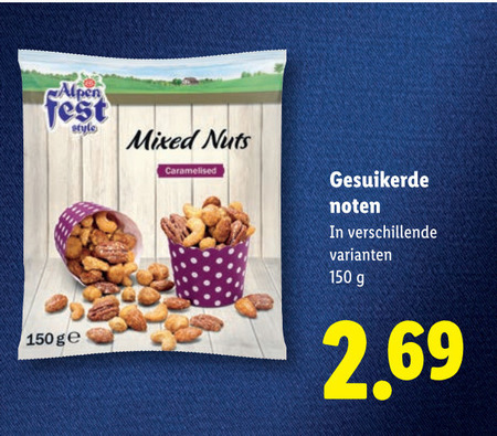 noten 150 alpen style mixed nuts caramelised ge gesuikerde folder aanbieding bij Lidl
