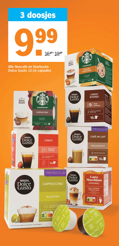 nescafe starbucks dolce gusto capsules 3 10 100 doosjes caramel macchiato cappuccino riche balanced arabica coffee servings portions classic lungo intenso intensity deep robust robusta selection 16x premio club mcafee lait responsibly sourced round nutri score latte layers mellow smooth bold espresso by sweetness suggestion serveersuggestie silky b 8x folder aanbieding bij Albert Heijn Nescafe dolce gusto capsules folder aanbieding bij Albert Heijn - details