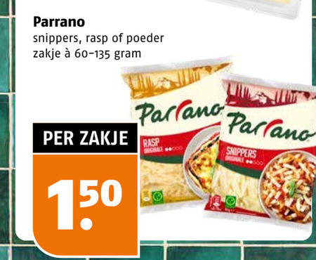 parrano geraspte kaas 150 snippers rasp poeder zakje parlano scale folder aanbieding bij Poiesz Parrano geraspte kaas folder aanbieding bij Poiesz - details