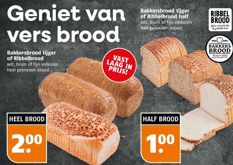 brood 100 200 vers bakkersbrood tijger ribbelbrood wit bruin fijn volkoren gesneden vast laag ribbel krokant geribbelde korst bakkers dag gebakken ingredienten folder aanbieding bij Poiesz