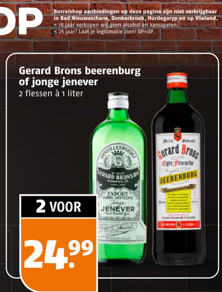 brons jenever berenburg 1 2 18 25 borrelshop pagina bad hurdegaryp vlieland jaar alcohol kansspelen legitimatie gerard beerenburg jonge flessen liter eer corded export friesche folder aanbieding bij Poiesz Brons jenever, berenburg folder aanbieding bij Poiesz - details