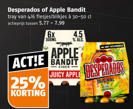 apple bandit desperados appelcider speciaalbieren 25 tray 4 6 blikjes actieprijs 6x 300ml cider juicy original beer folder aanbieding bij Poiesz Apple bandit speciaalbier, appelcider folder aanbieding bij Poiesz - details