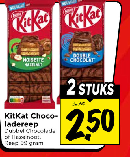 kitkat chocoladerepen 2 99 250 nouveau noisette hazelnut choco dubbel chocolade hazelnoot reep double chocolat stuks folder aanbieding bij Vomar KitKat chocoladereep folder aanbieding bij Vomar - details
