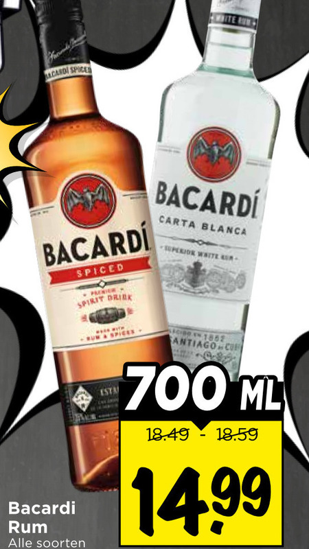 bacardi rum 700 spices spiced spirit drink carta blanca superior white soorten bum esta cido ml folder aanbieding bij Vomar Bacardi rum folder aanbieding bij Vomar - details