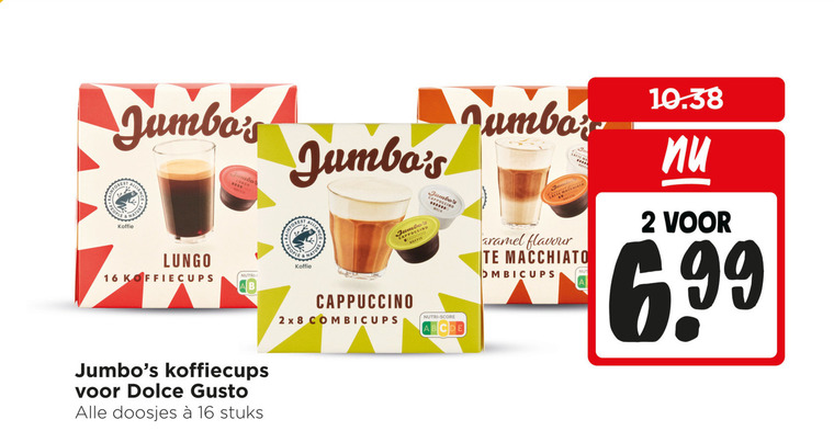jumbo huismerk dolce gusto capsules 2 8 16 koffie lungo cups people nature cappuccino face nutri score jum macchiato caramel flavour koffiecups doosjes stuks folder aanbieding bij Jumbo Jumbo Huismerk dolce gusto capsules folder aanbieding bij Jumbo - details