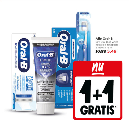 oral-b tandenborstel tandpasta 1 2 100 ml oral b cristaux klinisch bewezen 3d white verwijdert des taches surface oppervlakkige verkleuringen advanced menthe mint avec charbon houtskool witter poetsbeurt fraicheur fris pepermunt dentifrice doux pour zacht glazuur frais whitening express dents rapidement les reinigen medium indicator tubes protection professionnelle caries dentaire haleine le folder aanbieding bij Jumbo Oral-B tandenborstel, tandpasta folder aanbieding bij Jumbo - details