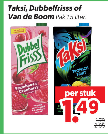 van de boom dubbelfrisss taksi fruitdrank pak liter dubbel frisss framboos cranberry verfrissend boordevol vital tropisch fruit stuk folder aanbieding bij Dekamarkt Van de Boom fruitdrank folder aanbieding bij Dekamarkt - details