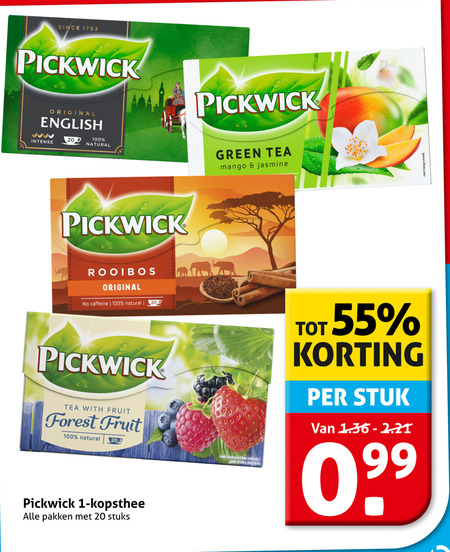 pickwick thee 1 20 55 100 200 since original english intense natural green tea mango jasmine rooibos caffeine with fruit forest bosvruchten fruits des bois kopsthee pakken stuks stuk folder aanbieding bij Hoogvliet Pickwick thee folder aanbieding bij Hoogvliet - details