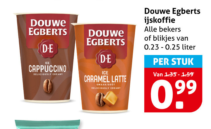douwe egberts ijskoffie cappuccino creamy ice caramel latte gout bekers blikjes 0.25 liter stuk folder aanbieding bij Hoogvliet Douwe Egberts ijskoffie folder aanbieding bij Hoogvliet - details