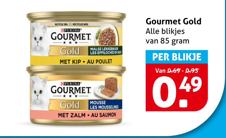 gourmet kattenvoer recycle xpurina gold kip purina malse les sauce poulet mousse saumon blikjes blikje folder aanbieding bij Hoogvliet Gourmet kattenvoer folder aanbieding bij Hoogvliet - details