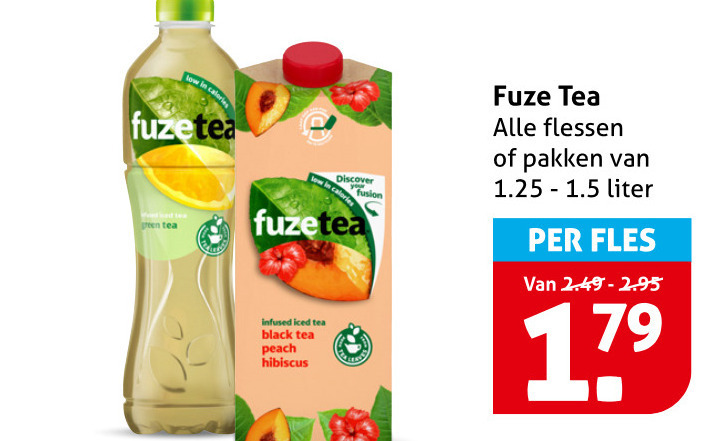 fuze tea ice fuzetea green discover fusion infused iced black peach hibiscus flessen pakken liter fles folder aanbieding bij Hoogvliet Fuze Tea ice tea folder aanbieding bij Hoogvliet - details