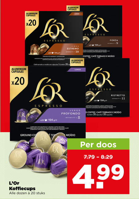 douwe egberts l or koffiecups 8 10 19 20 aluminium capsules espresso lungo ge forza intensity compatible with nespresso coffee machines estremo compatibles avec les case las vel cafe mcafee em original le ristretto profondo compatibel ground co dozen stuks doos folder aanbieding bij Plus Douwe Egberts L Or koffiecups folder aanbieding bij Plus - details