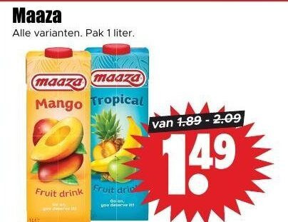 maaza fruitdrank 1 pak liter mango tropical fruit drink drip folder aanbieding bij Dirk Maaza fruitdrank folder aanbieding bij Dirk - details