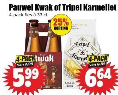 pauwel kwak karmeliet speciaalbieren 4 25 33 tripel pack fles 5.99 ambree verfijnd fris romig folder aanbieding bij Dirk Pauwel Kwak speciaalbier folder aanbieding bij Dirk - details
