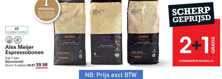 alex meijer koffiebonen 1 2 3 zakken excellent co. meier eerlijke espressobonen zak kilo espresso bonen grains cafe donker gebrand forte mcafee 5 scherp geprijsd combineren folder aanbieding bij Sligro Alex Meijer koffiebonen folder aanbieding bij Sligro - details