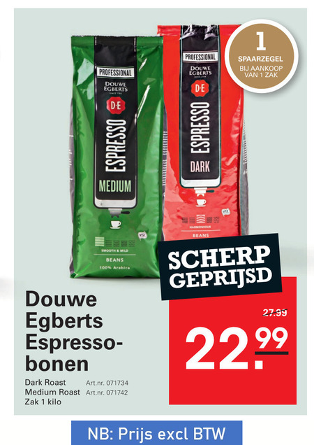 douwe egberts koffiebonen 1 100 professional zak espresso medium dark smooth mild beans arabica bonen roast kilo harmonious scherp geprijsd folder aanbieding bij Sligro Douwe Egberts koffiebonen folder aanbieding bij Sligro - details