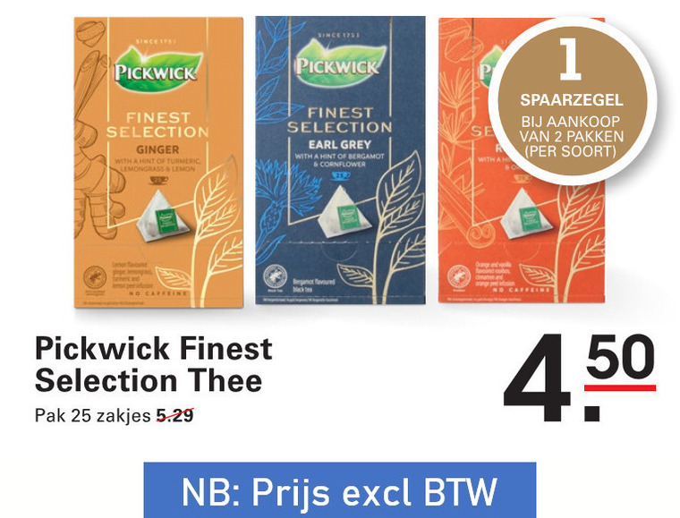 pickwick thee 2 25 since finest selection ginger with hint turmeric lemongrass lemon earl grey bergamot cornflower and caffeine pak zakjes flavoured black tea pakken orange folder aanbieding bij Sligro Pickwick thee folder aanbieding bij Sligro - details