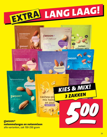 gwoon noten cashewnoten 3 25 500 lang laag macadamiamix mix cranberry gezouten puur natuur notenmix ongebrand ongezouten olijven elitehaver rozen aandelen hazelnoten walnoten studenten notenmelange amandelen cashew zout notenmixen zak zoet smaken zakken folder aanbieding bij Nettorama Gwoon noten, cashewnoten folder aanbieding bij Nettorama - details
