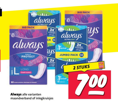 always inlegkruisjes maandverband 2 3 10 32 700 big pack ultra day l 3x daily jumbo protect stuks folder aanbieding bij Nettorama Always maandverband, inlegkruisjes folder aanbieding bij Nettorama - details
