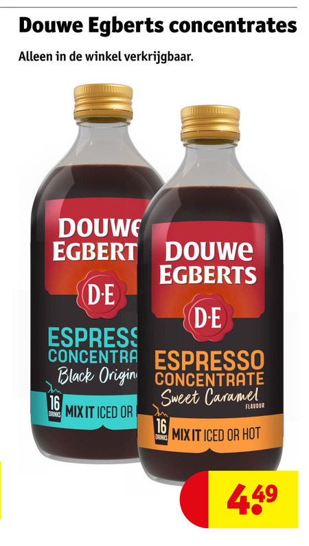 douwe egberts koffieconcentraat 16 espresso black origin drinks mix it iced concentrate sweet caramel flavour hot folder aanbieding bij Kruidvat Douwe Egberts koffieconcentraat folder aanbieding bij Kruidvat - details