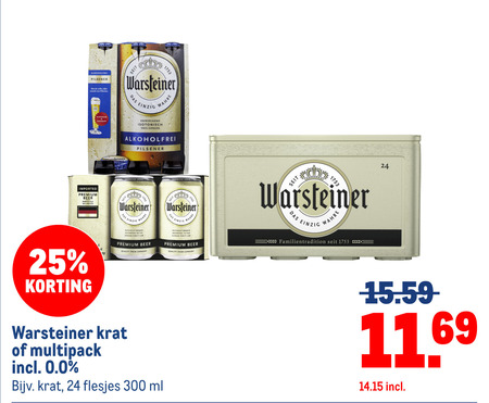 warsteiner krat bier blikjes 24 25 100 300 alkoholfrei pilsener volle rijke seit einzig das ei wahre isotonisch genuss imported premium beer perfectly balanced naturally brewed to german purity quality from germany multipack 0.0 ml familientradition folder aanbieding bij Makro Warsteiner blikje bier, krat bier folder aanbieding bij Makro - details