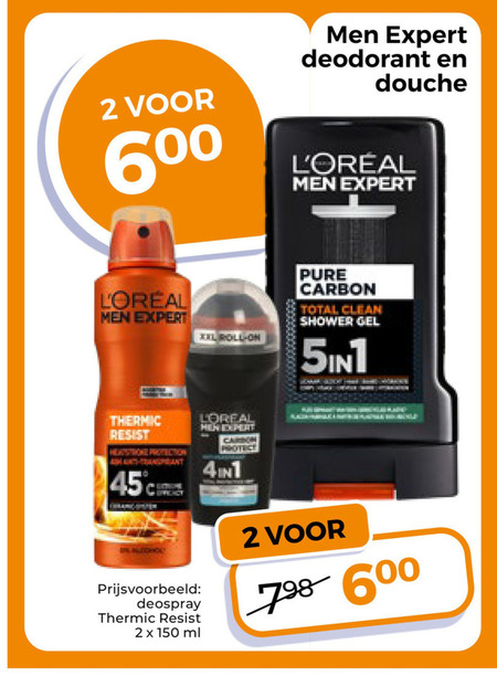 l oreal men expert douchegel deodorant 2 45 150 600 douche xxl roll carbon total clean shower gel 5-in-1 thermic resist deospray ml loreal protect 4in1 folder aanbieding bij Trekpleister L Oreal Men Expert douchegel, deodorant folder aanbieding bij Trekpleister - details