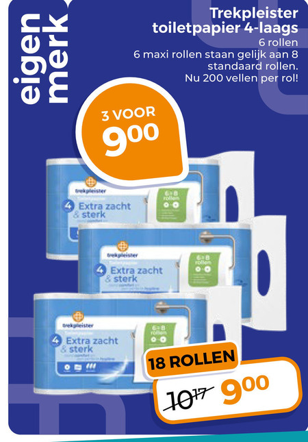 trekpleister huismerk toiletpapier 3 4 6 8 18 200 merk rollen maxi 9 vellen rol zacht 00 folder aanbieding bij Trekpleister Trekpleister Huismerk toiletpapier folder aanbieding bij Trekpleister - details