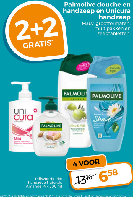 palmolive unicura douchegel handzeep 2 3 4 25 33 60 300 douche grootformaten multipakken zeeptabletten uni cura mild spa naturale naturals olive milk shave amandel ml 2e halve artikel folder aanbieding bij Trekpleister Palmolive handzeep, douchegel folder aanbieding bij Trekpleister - details