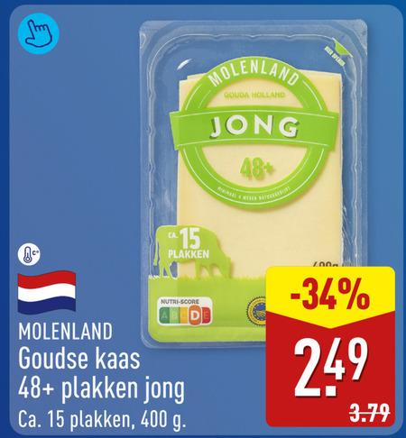 kaasplakken 4 15 400 ca. molenland gouda holland jong 48 minimaal weken natuurgerijpt goudse kaas nutri score folder aanbieding bij Aldi