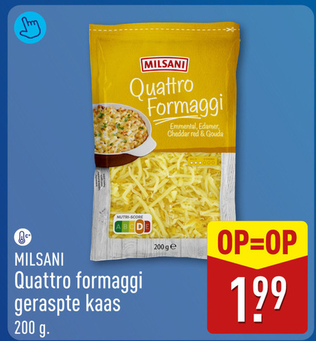 geraspte kaas 200 milsani quattro formaggi emmentaler cheddar red gouda nutri score ge folder aanbieding bij Aldi