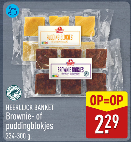 koeken banket pudding blokjes vanillesmaak vulling brownie stukjes melkchocolade people nature heerlijck folder aanbieding bij Aldi
