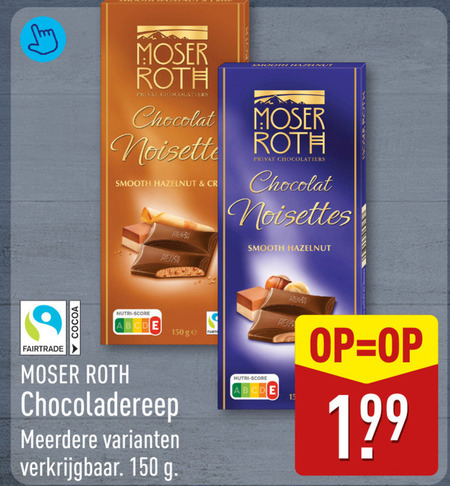 moser roth chocolade 15 150 chocolat noisette smooth hazelnut cr noisettes cocoa nutri score fairtrade chocoladereep ge meerdere folder aanbieding bij Aldi Moser Roth chocolade folder aanbieding bij Aldi - details